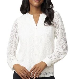 Cable & Gauge Womens Lace Blouse Top, Whisper White, Button Up Fromt, Lined